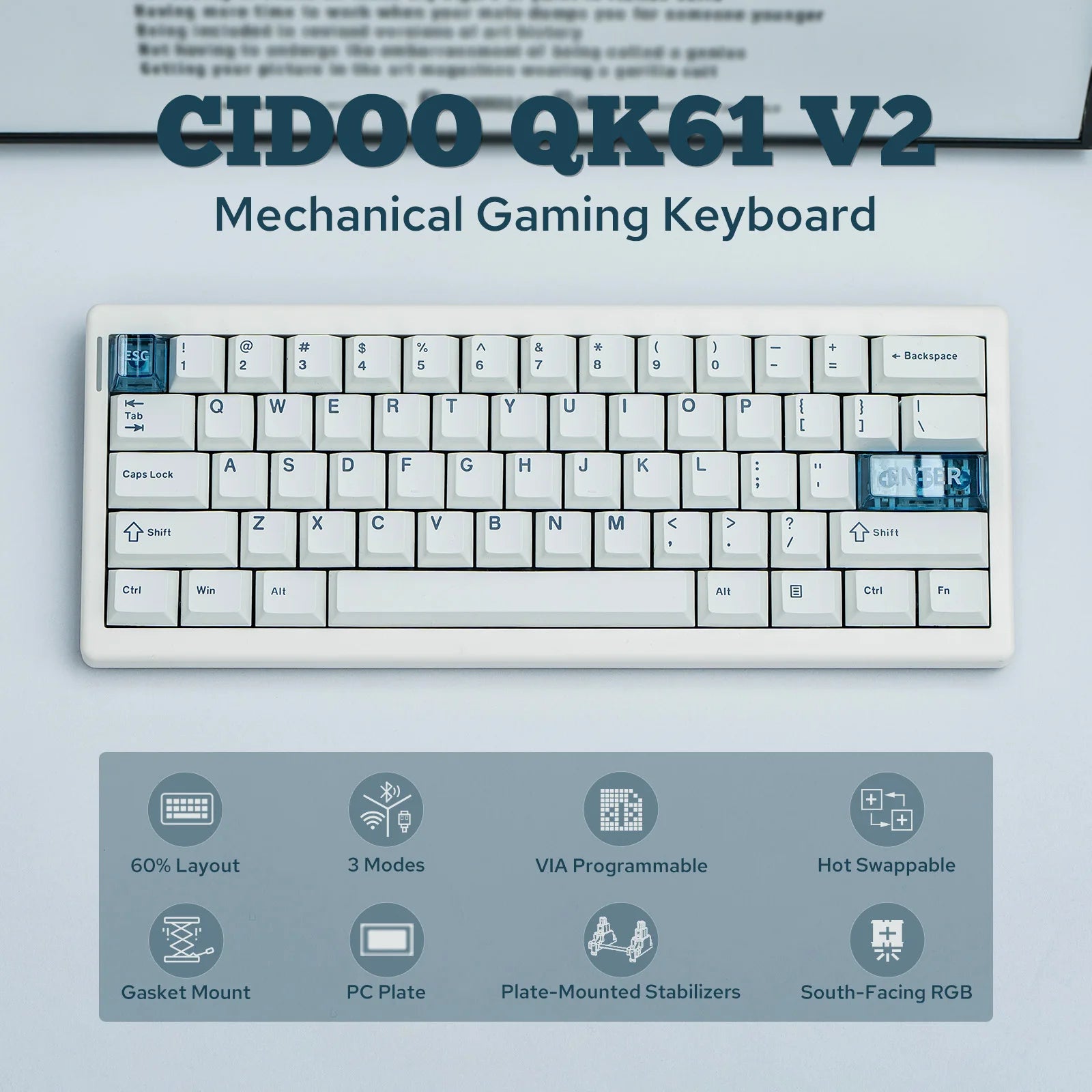 CIDOO QK61 V2 VIA-Programmable 60% Gasket Structure Wired/2.4GHz Wireless/Bluetooth Compact Keyboard with South-Facing LEDs